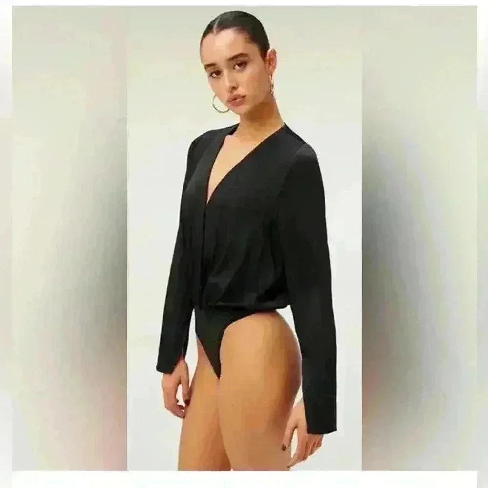 Good American Satin Wrap Bodysuit Black Size XS